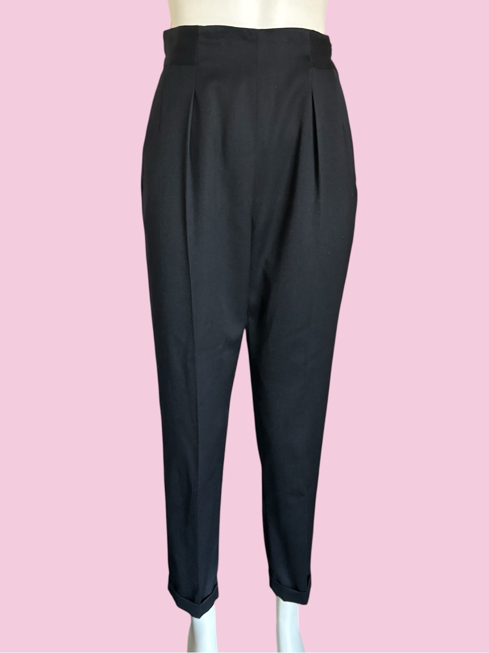 Vintage 80s Kenzo Black Wool HIgh Waisted Pleated Cinch Back Trousers Sz 40 6-8